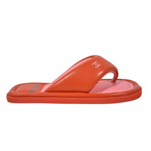 Chanel 22P Pink Red Lambskin Padded Pool Thong Logo Mule Slide Flat Sandal 42